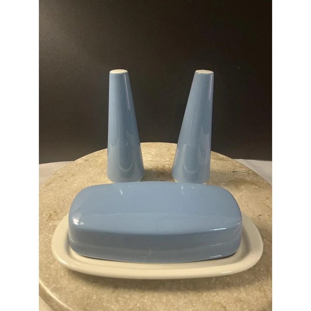 1960's Homer Laughlin Orbit Blue Covered Butter Dish W/ Salt And Pepper Shakers